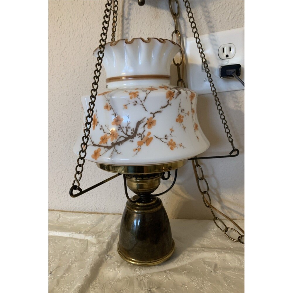 Vintage Hurricane Swag Lamp Floral Milk Glass Country Cottage Portable Hanging